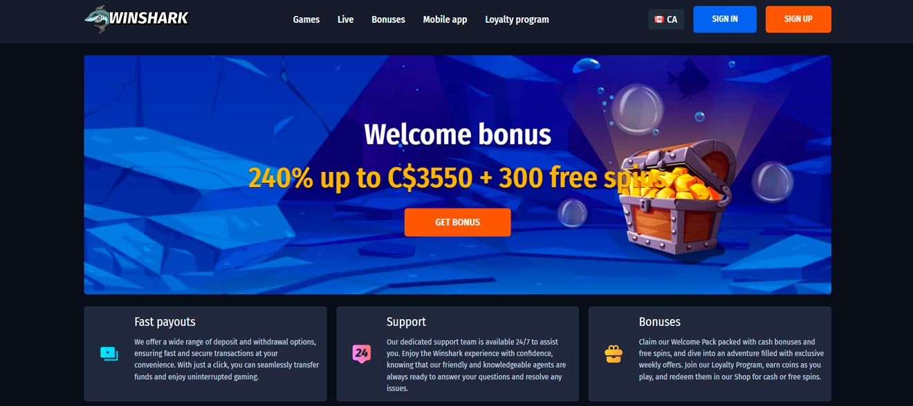 Winshark Casino site screenshot